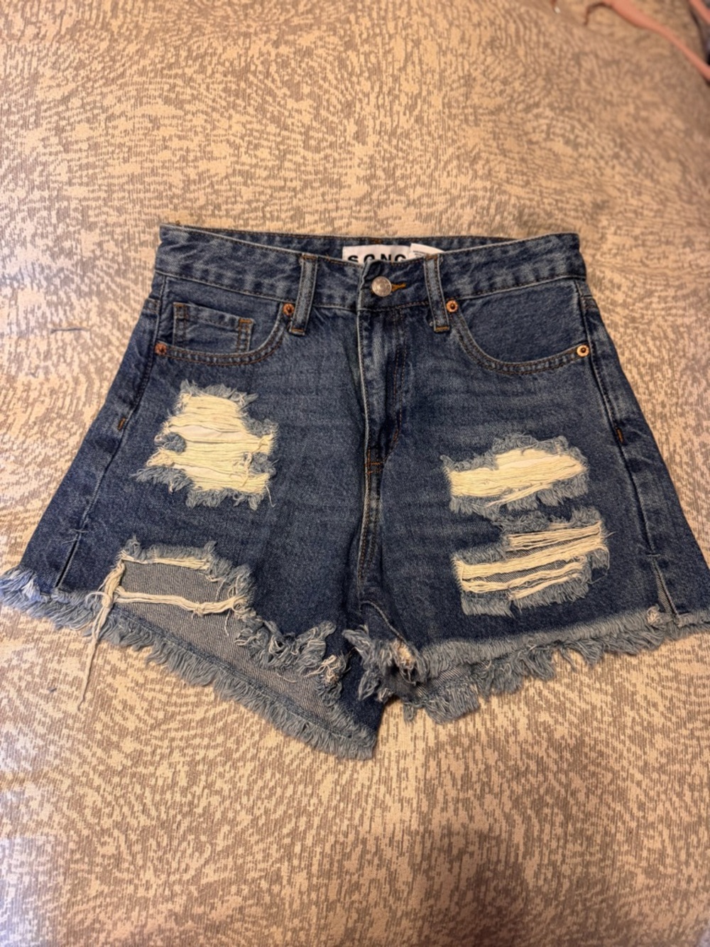 SONG Distressed Dark Blue Denim Shorts with Frayed Hem